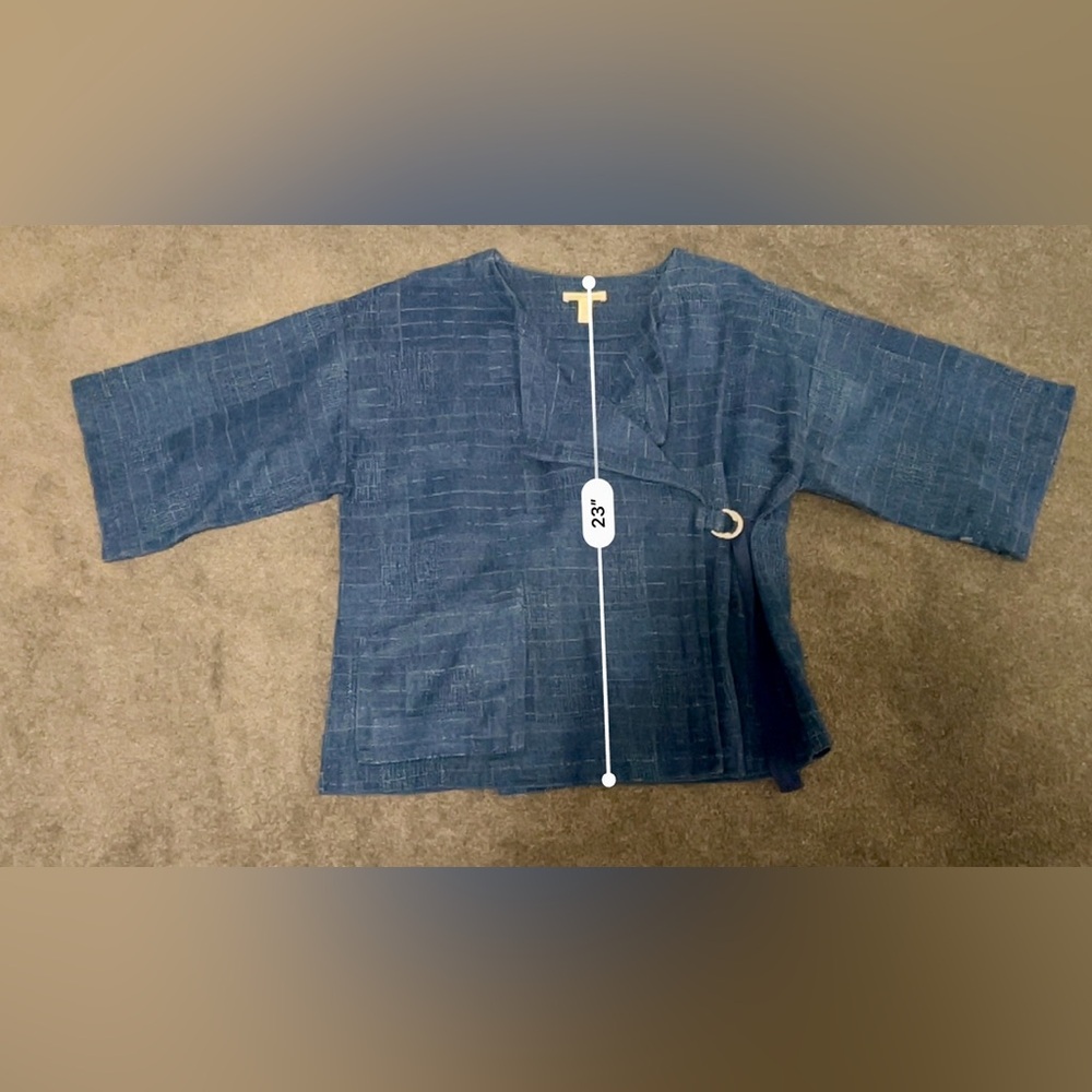 Eileen Fisher Blue Linen Asian Wrap Top with Ring Closure Detail - Picture 6 of 8